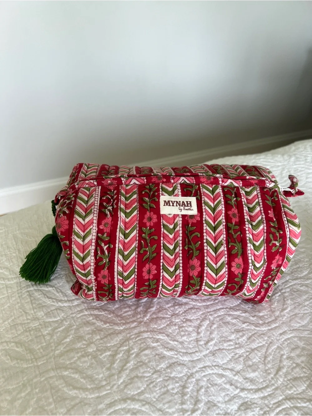 Mynah Red Patterned Quilted Cosmetic Bag